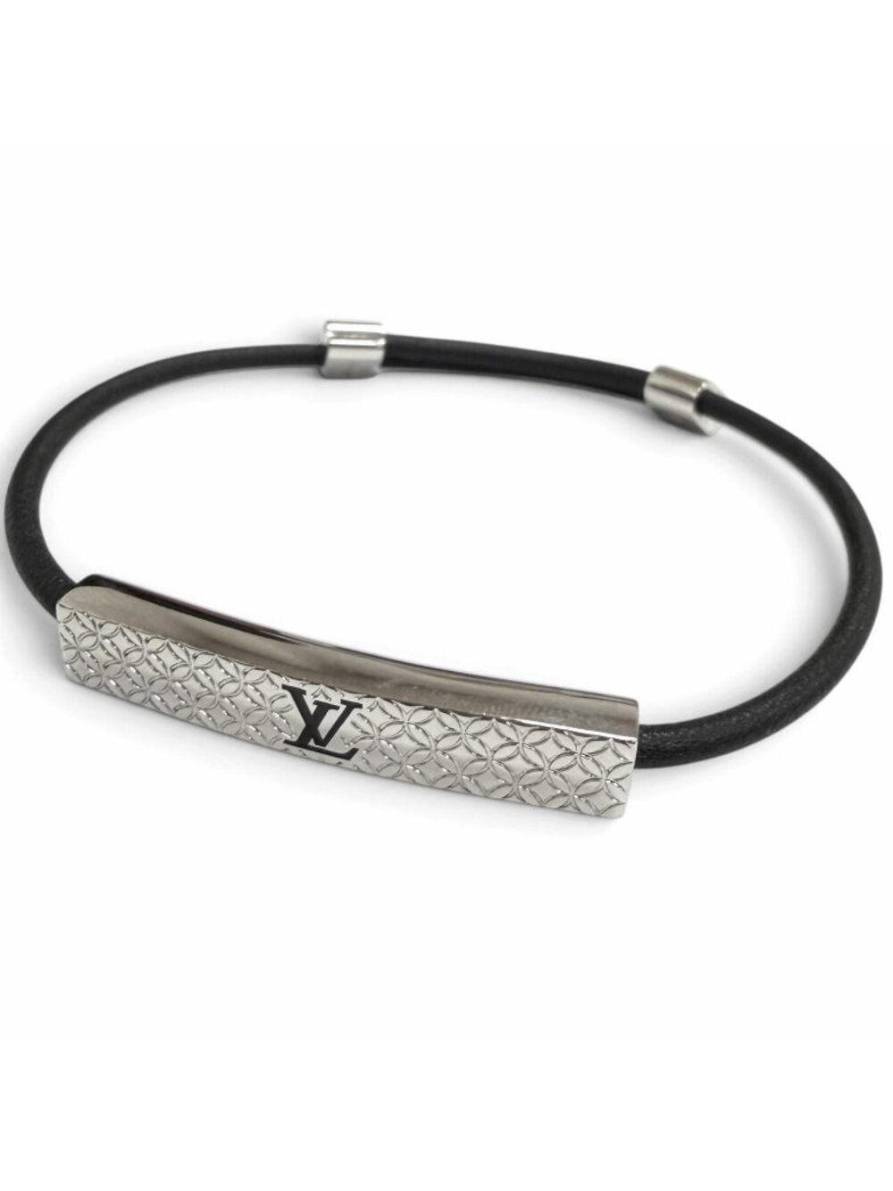 Louis Vuitton Bracelet Champs Elysees Leather LV Logo Silver Black